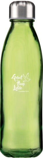 Productafbeelding: voorkant van Glazen waterfles groen Geloof Hoop Liefd