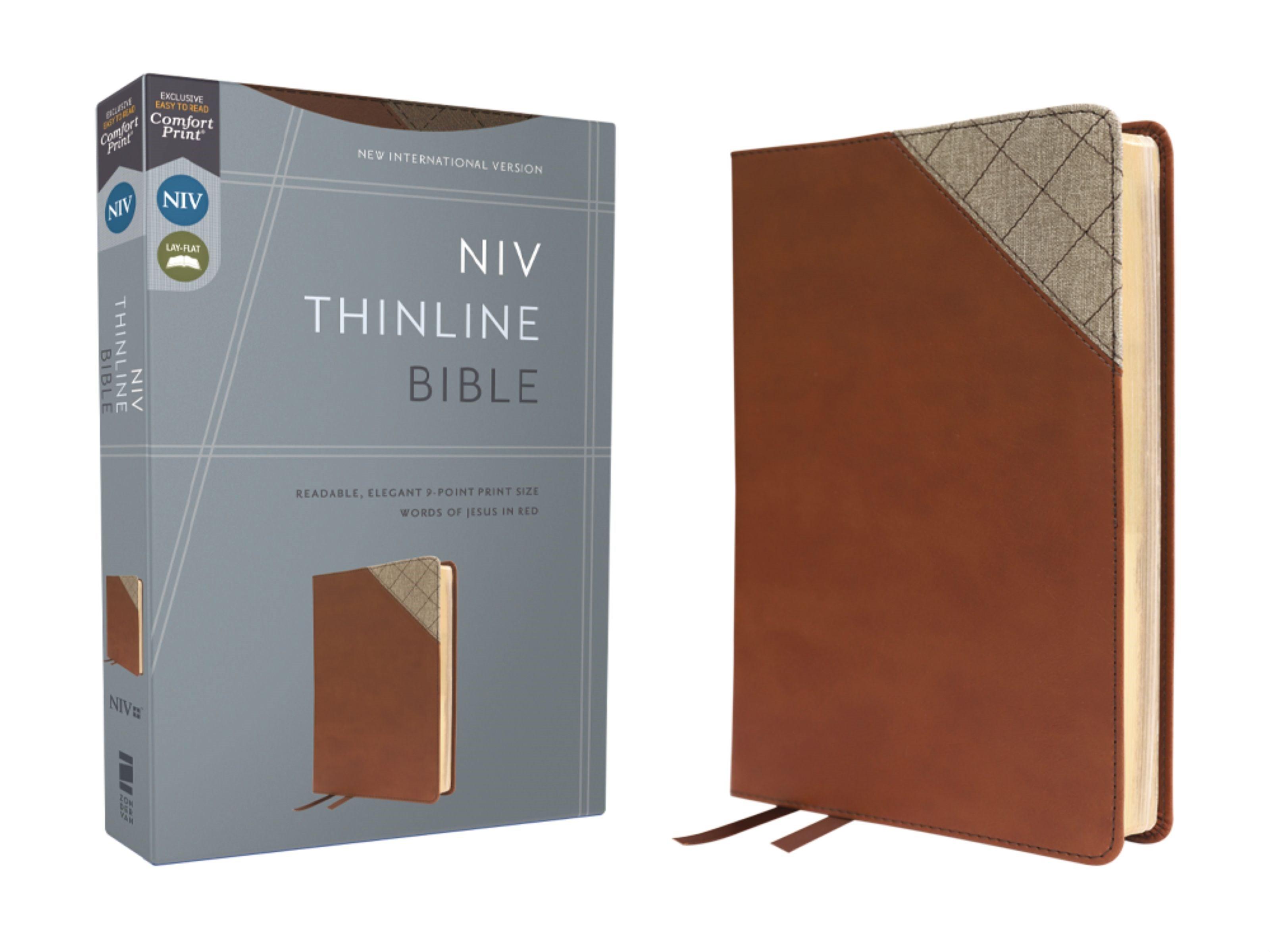 Productafbeelding: voorkant van NIV Thinline Bible (Comfort Print)-Brown Leathersoft