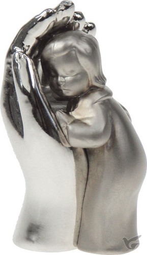 Productafbeelding: voorkant van Beeld kind in hand 4cm zilver mat/glans