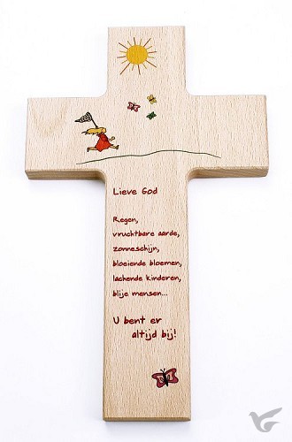 Productafbeelding: voorkant van Kruis hout 20cm kind lieve God regen