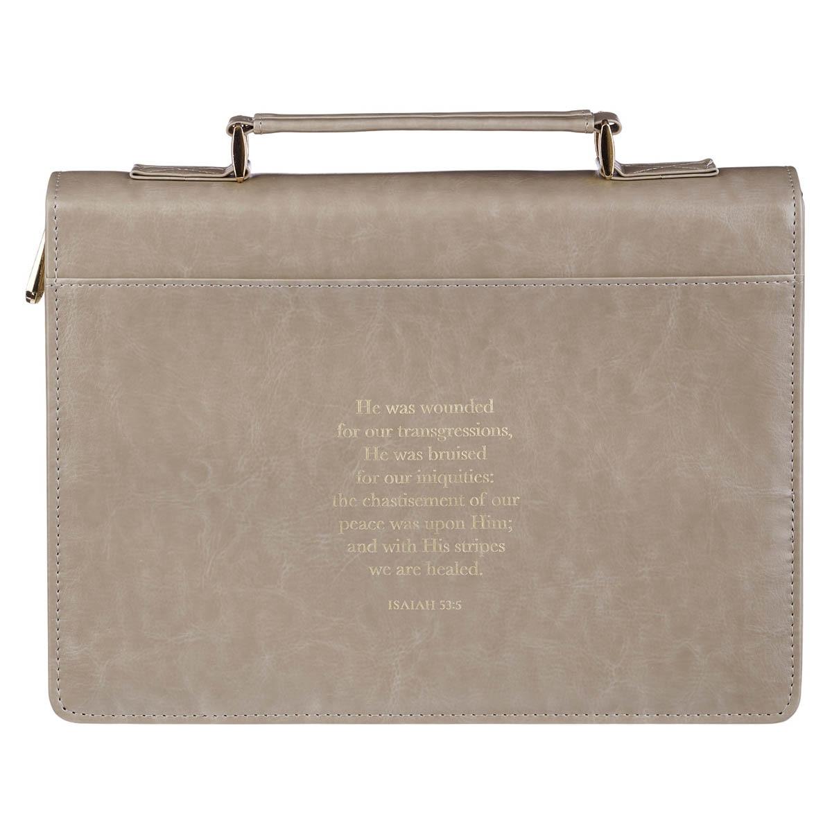 Productafbeelding: achterkant van Amazing Grace Isa. 53:5 Bible Cover Fashion Taupe