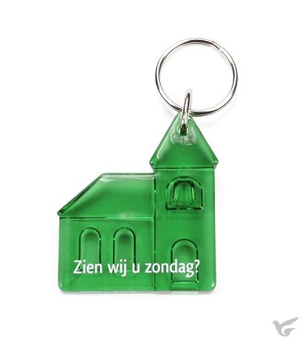 Productafbeelding: voorkant van Sleutelhanger Kerk groen zien wij u
