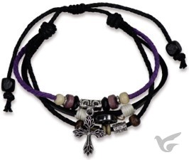 Productafbeelding: voorkant van Armband leder kruis zilver paars/zwart