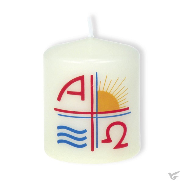 Productafbeelding: voorkant van Stompkaarsje Alpha Omega nieuw 6 cm