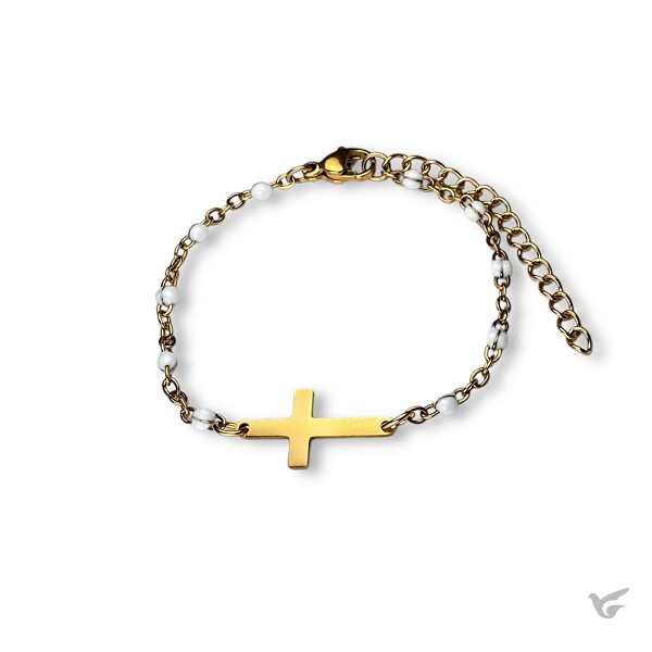 Productafbeelding: voorkant van Armband kruisje kralen S wit goud