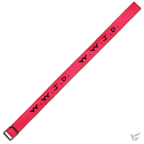Productafbeelding: voorkant van W w j d armbandje geweven neon pink