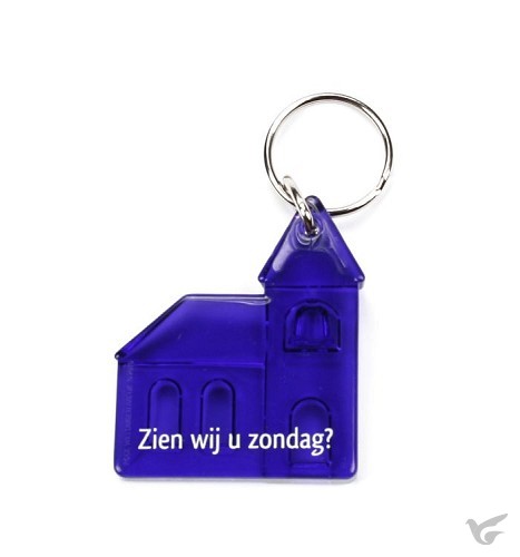 Productafbeelding: voorkant van Sleutelhanger Kerk paars zien wij u