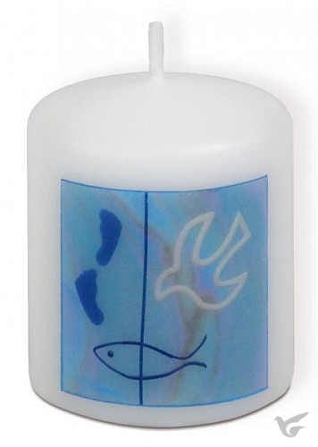 Productafbeelding: voorkant van Doopkaars blauw duif 6cm